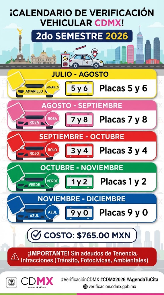 calendario segundo semestre 2026 verificacion vehicular cdmx Calendario de Verificación Segundo Semestre 2026 CDMX - Imagen para compartir en Redes Sociales.